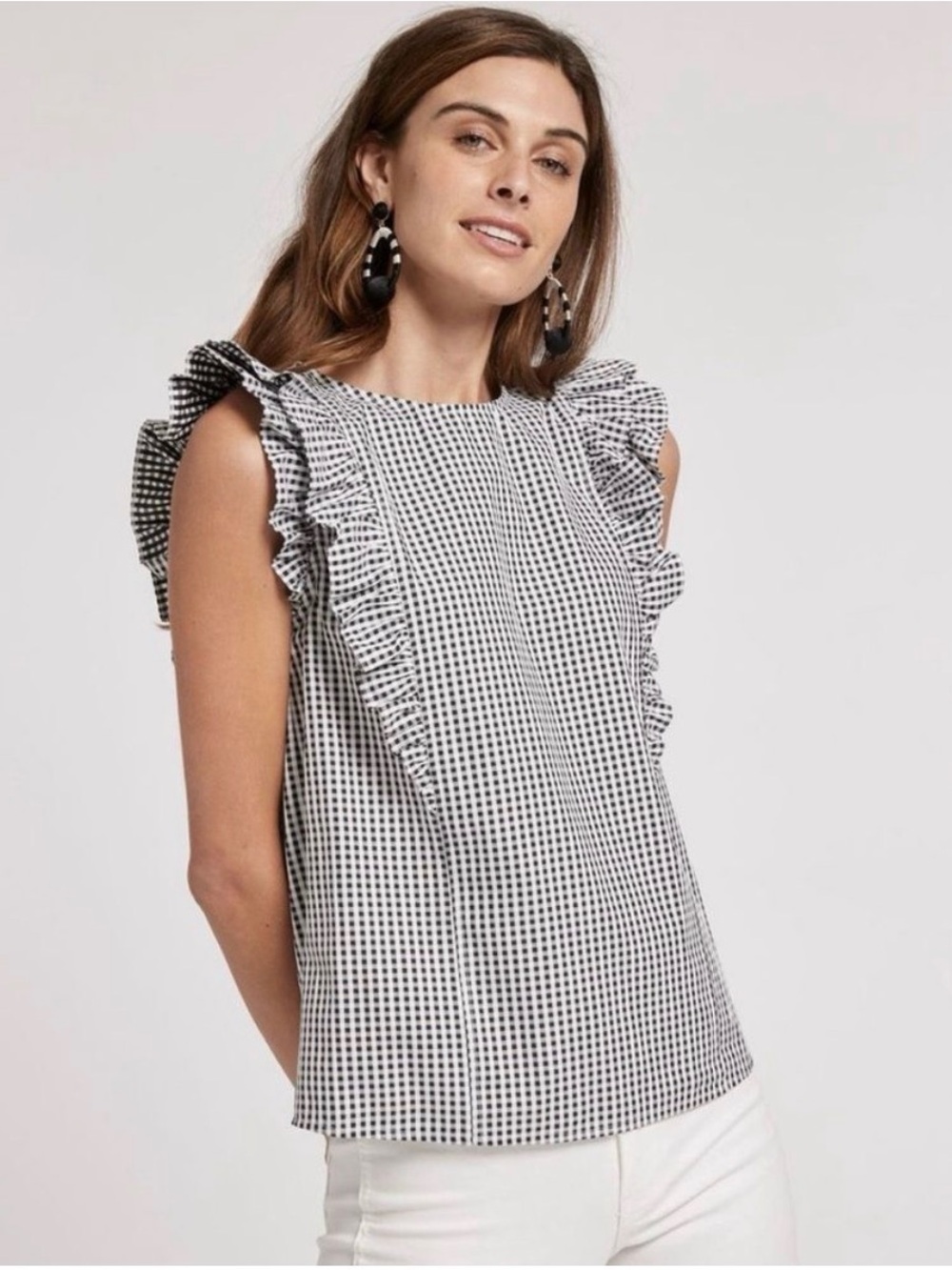 Tyler Boe Nell Black White Gingham Ruffle Flutter Sleeve Cotton Top - Size Small